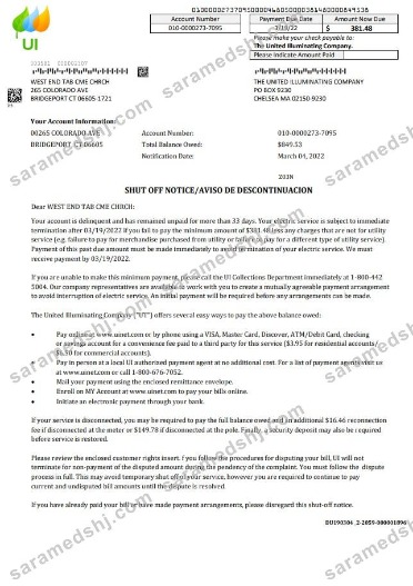 USA Massachusetts Chelsea The United Illuminating Company utility bill shutoff notice, Word and PDF template